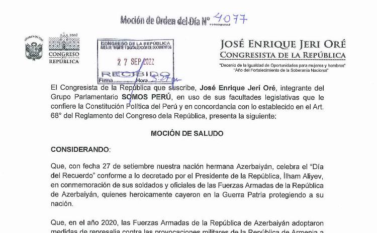 Peru Konqresi Azərbaycanın Anım Günü ilə əlaqədar bəyanat qəbul edib 