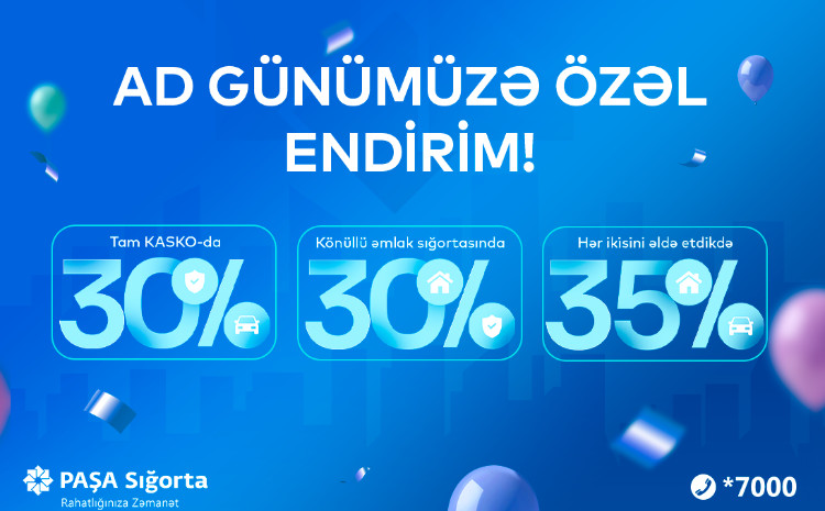 PAŞA Sığorta şirkəti yaranmasının 19 illiyinə özəl olaraq KASKO və əmlak sığortasında 35 %-dək böyük endirim elan edir! 