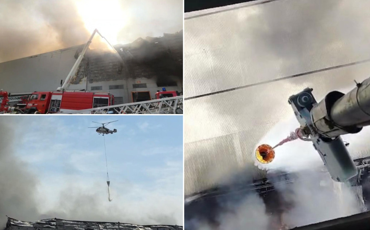 Bakıda anbarda güclü yanğın: 40 xüsusi texnika və 2 helikopter iş başında - VİDEO