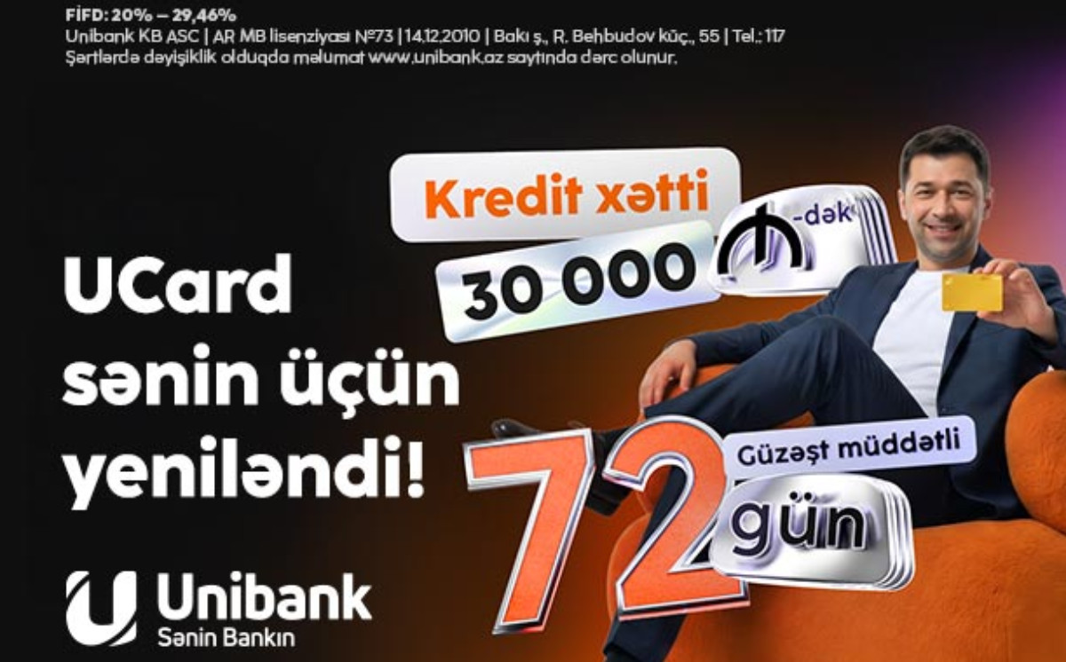 Unibank kredit kartını yenilədi: Kredit xətti 30 min manat, güzəşt müddəti 72 gün! 