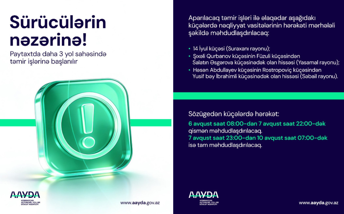 Paytaxtda daha 3 yol sahəsində təmir işlərinə başlanılır 